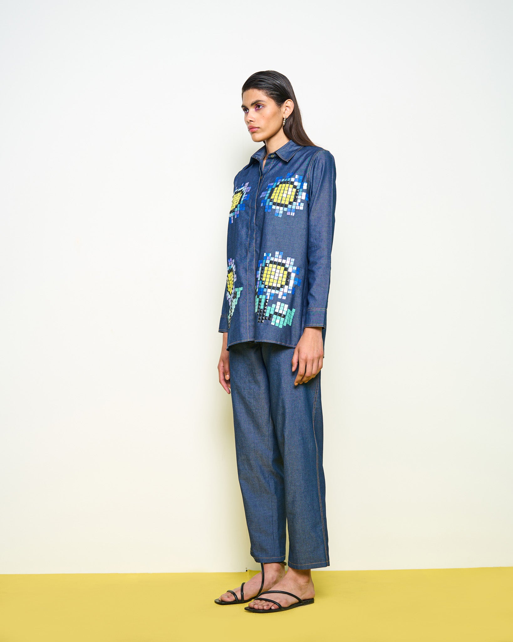 Denim Sunflower Shirt Pant Set