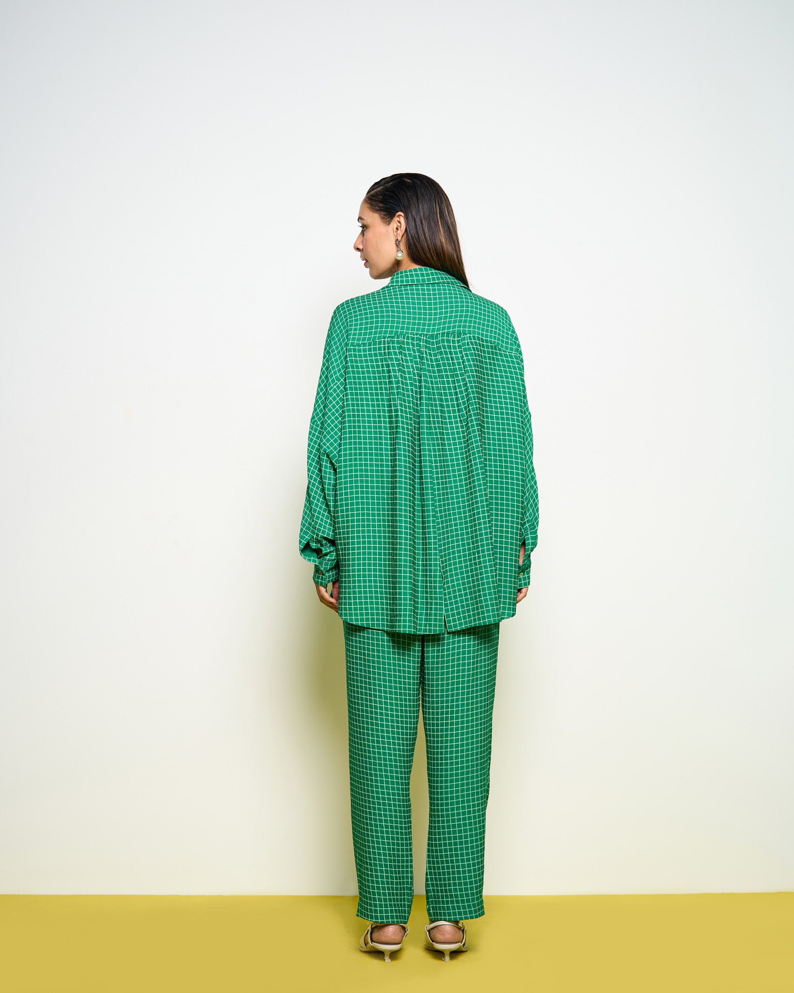 Green Kimono Shirt Checkered Pants Set