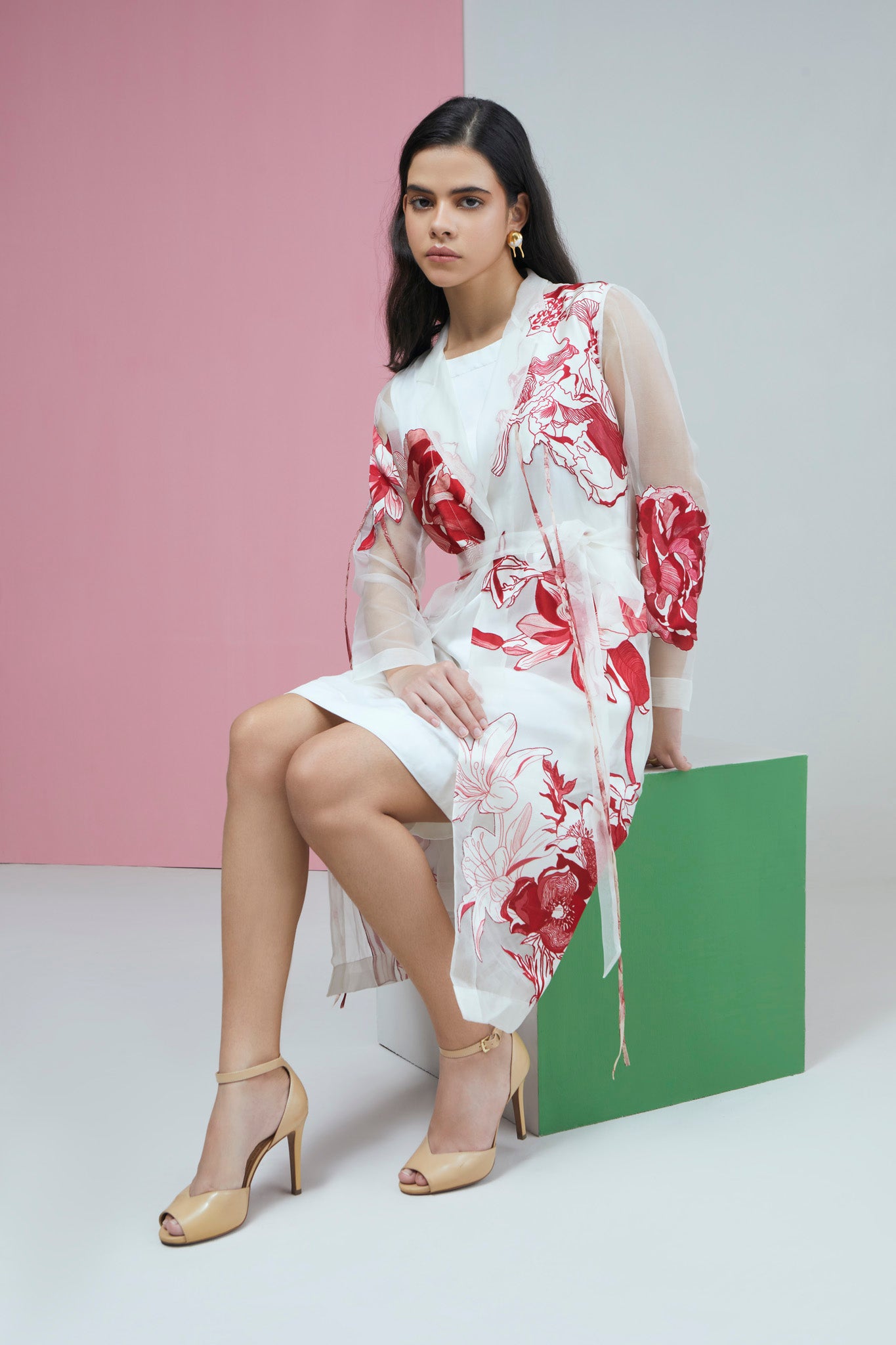Red Bloom Organza Lapel Jacket With Dress