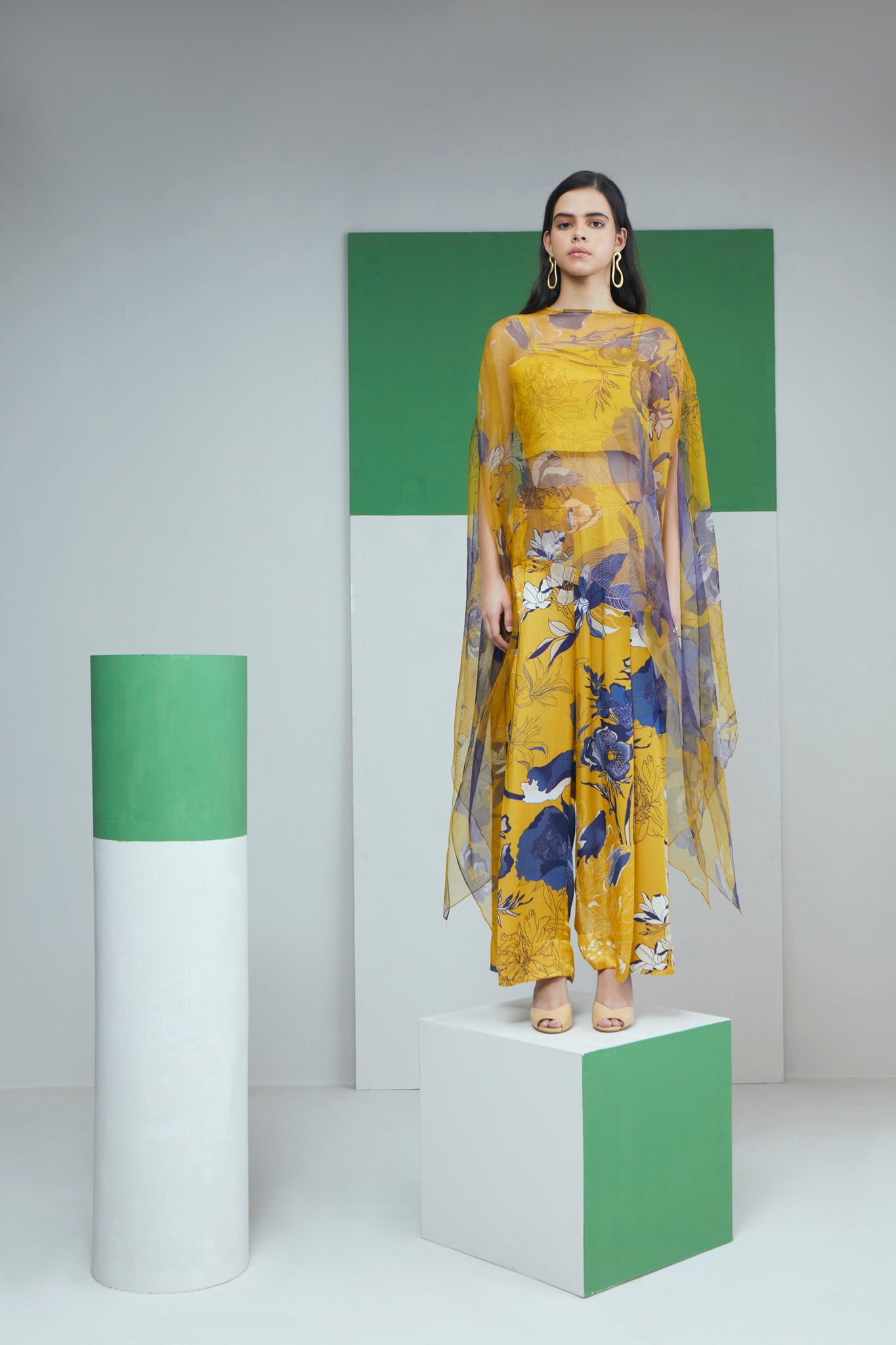 Yellow Bloom Printed Organza Cape With Pant Set