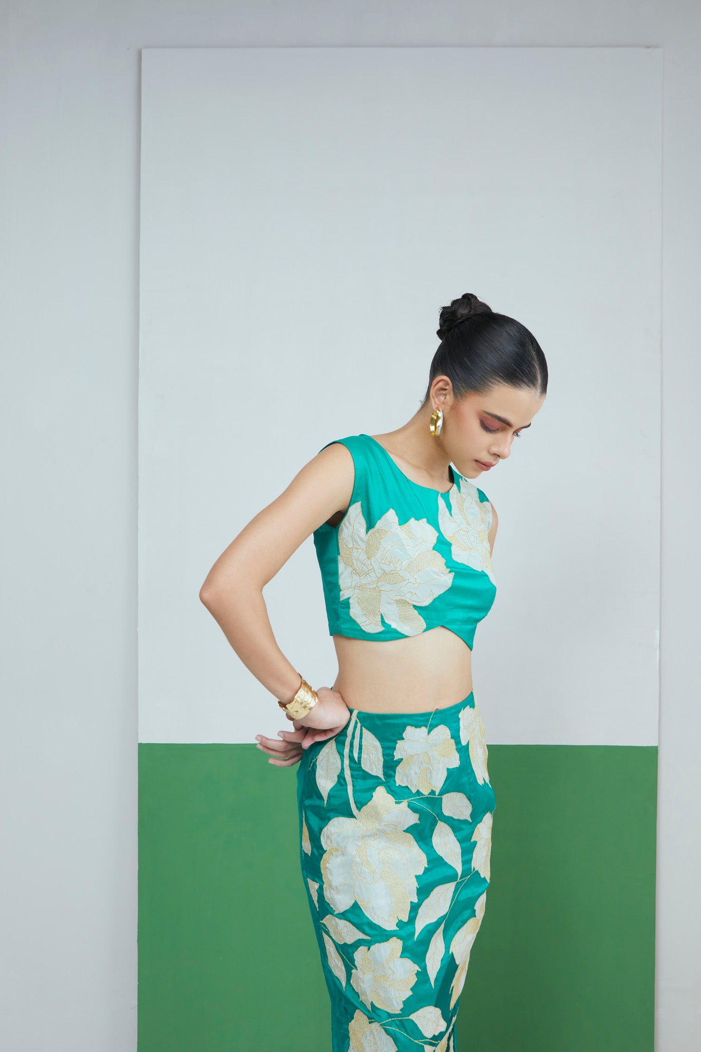 Green Floral Applique Crop Top With Pencil Skirt