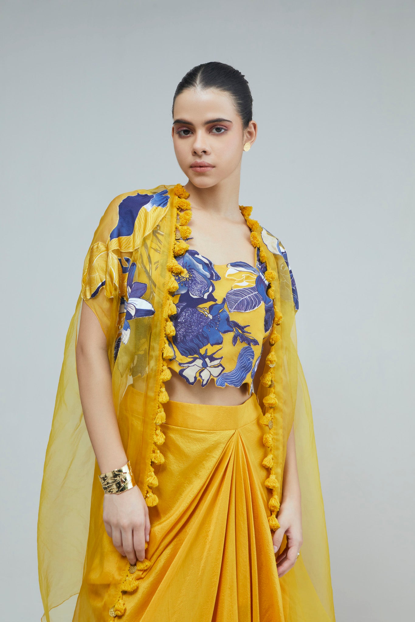 Yellow Organza Applique Crop Top With  Skirt And Organza Cape Set