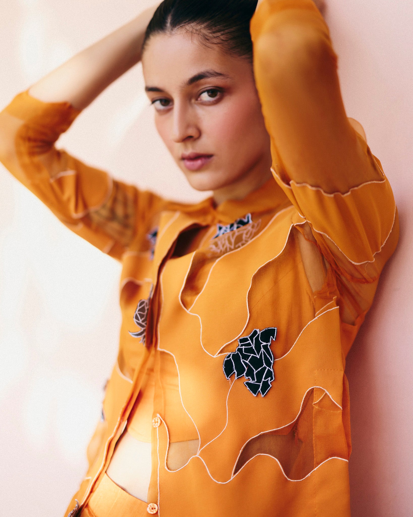 Orange Organza Swirl Shirt Set with Pants