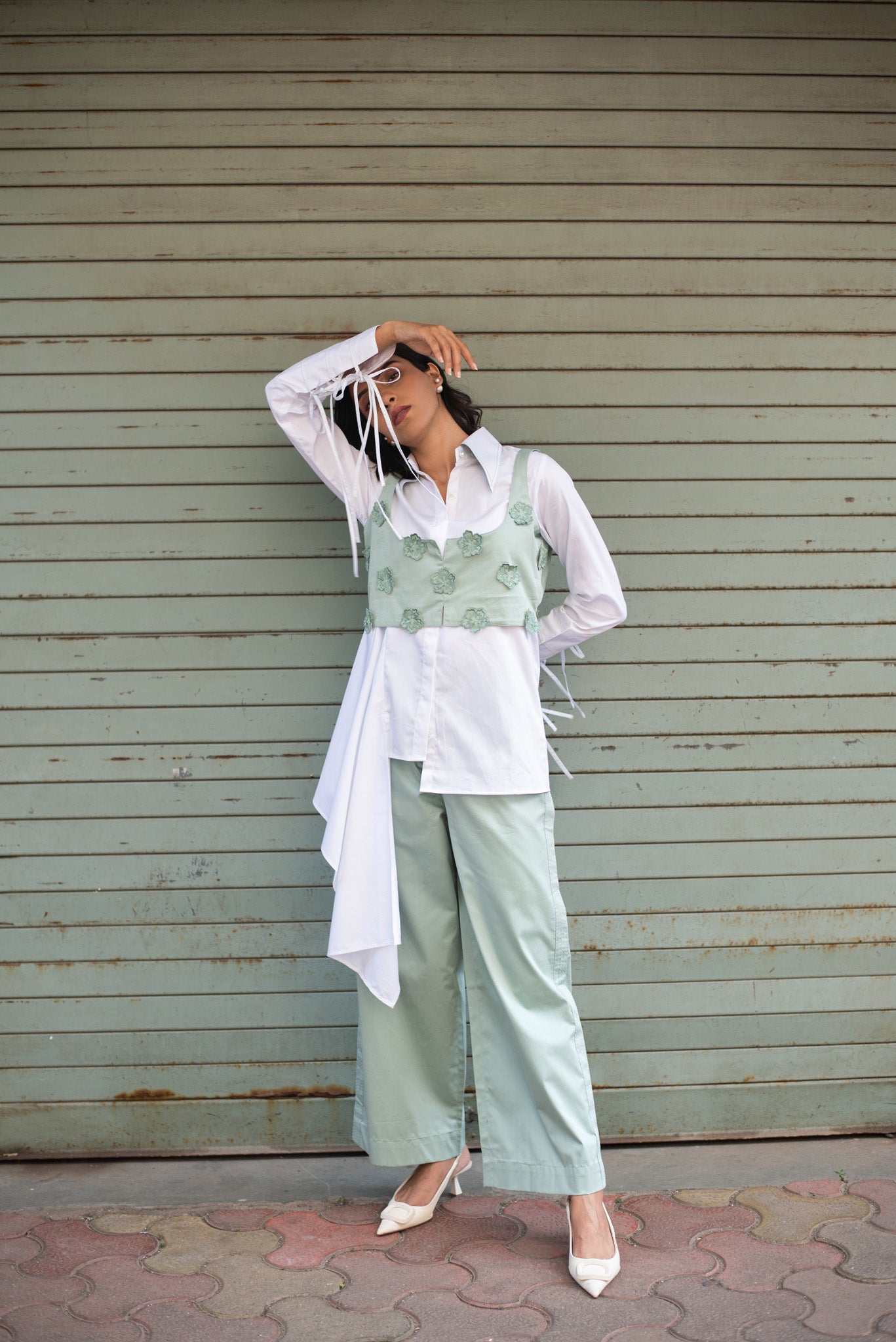 Flower Jacket, Drape Top Katha Panel Pants Set