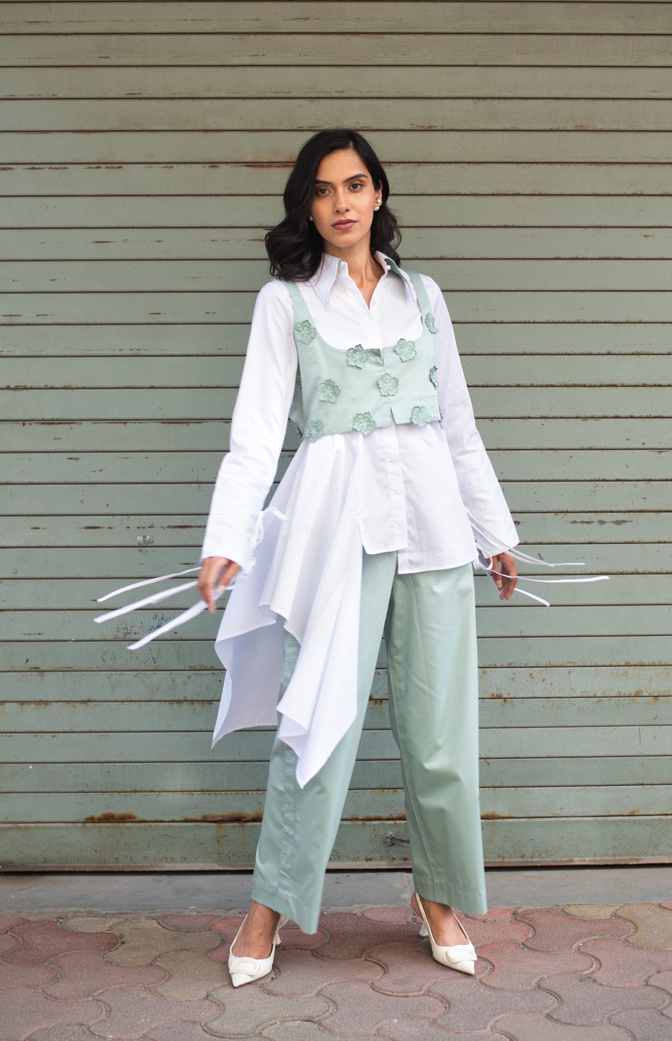 Flower Jacket, Drape Top Katha Panel Pants Set