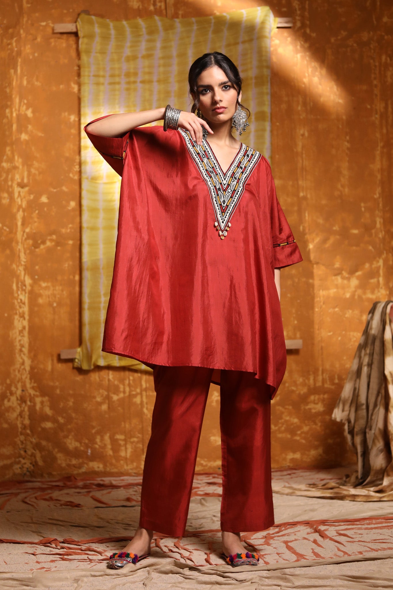 Maroon V-Neck Tribal Embroidery Silk Cape With Pant