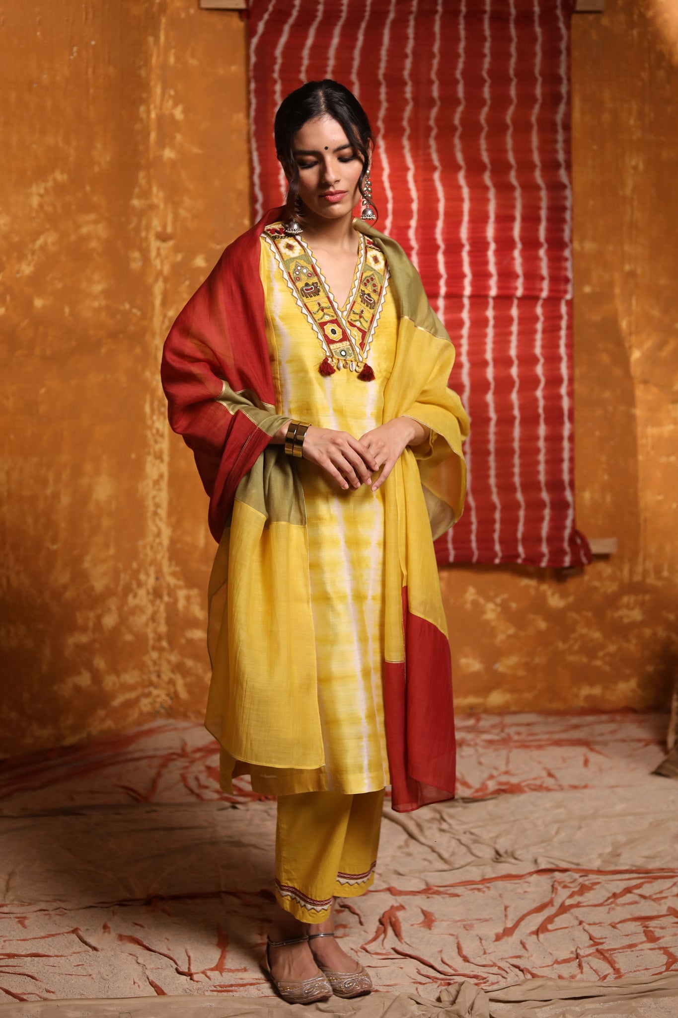 Mustard Triangle Applique Work Kurta With Pants & Dupatta