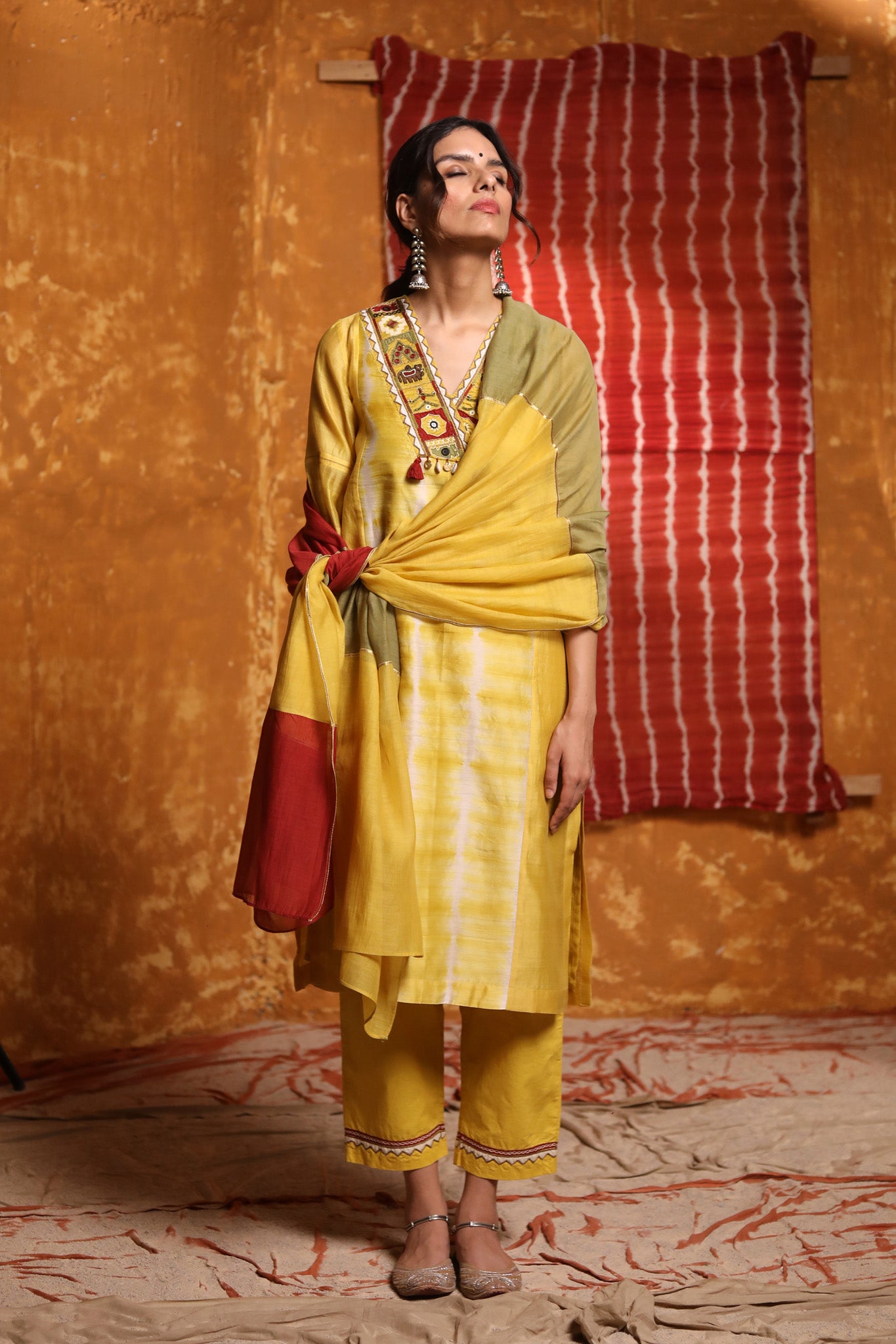 Mustard Triangle Applique Work Kurta With Pants & Dupatta