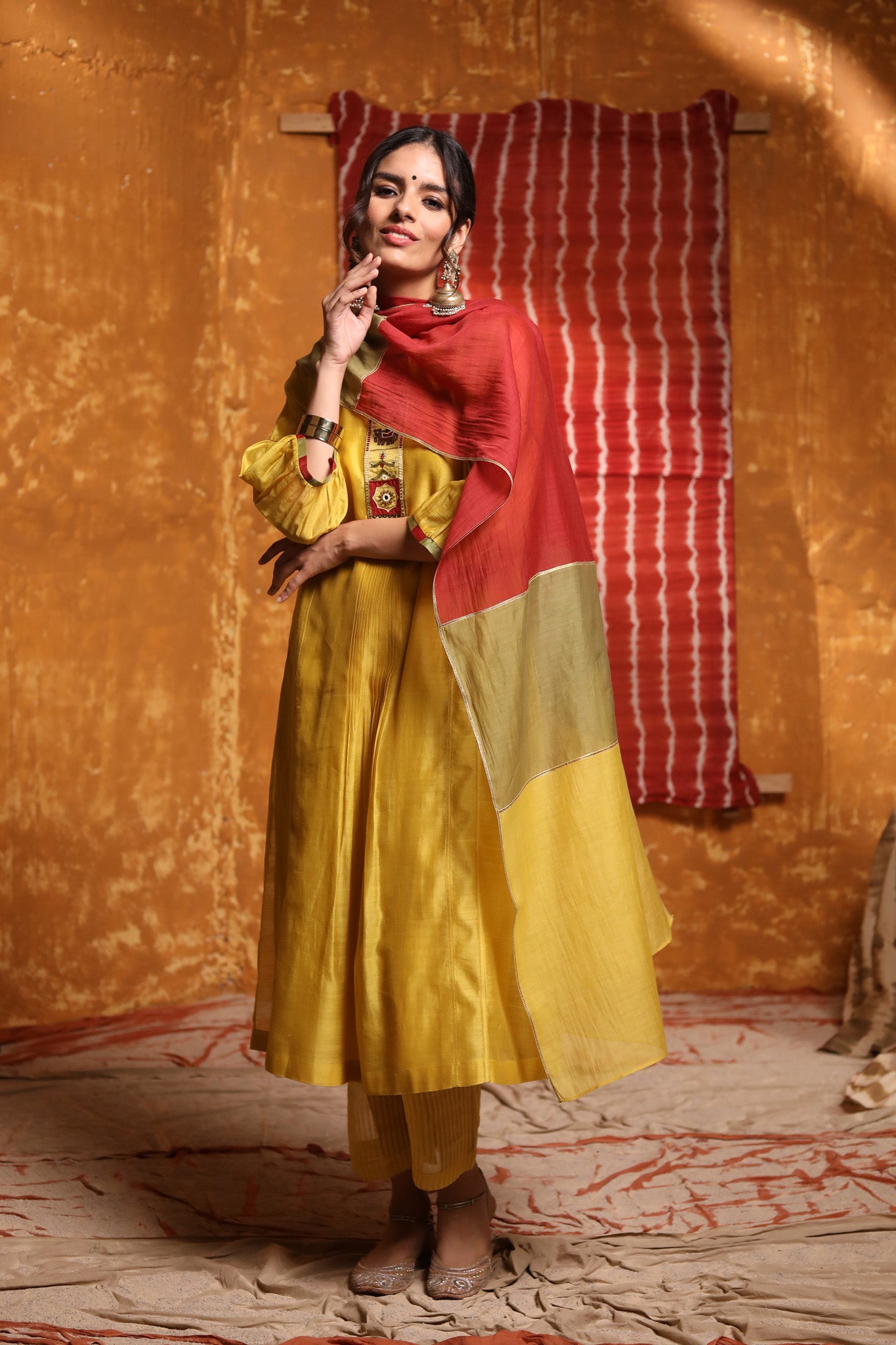 Mustard Triangle Applique Work Kurta With Pants & Dupatta