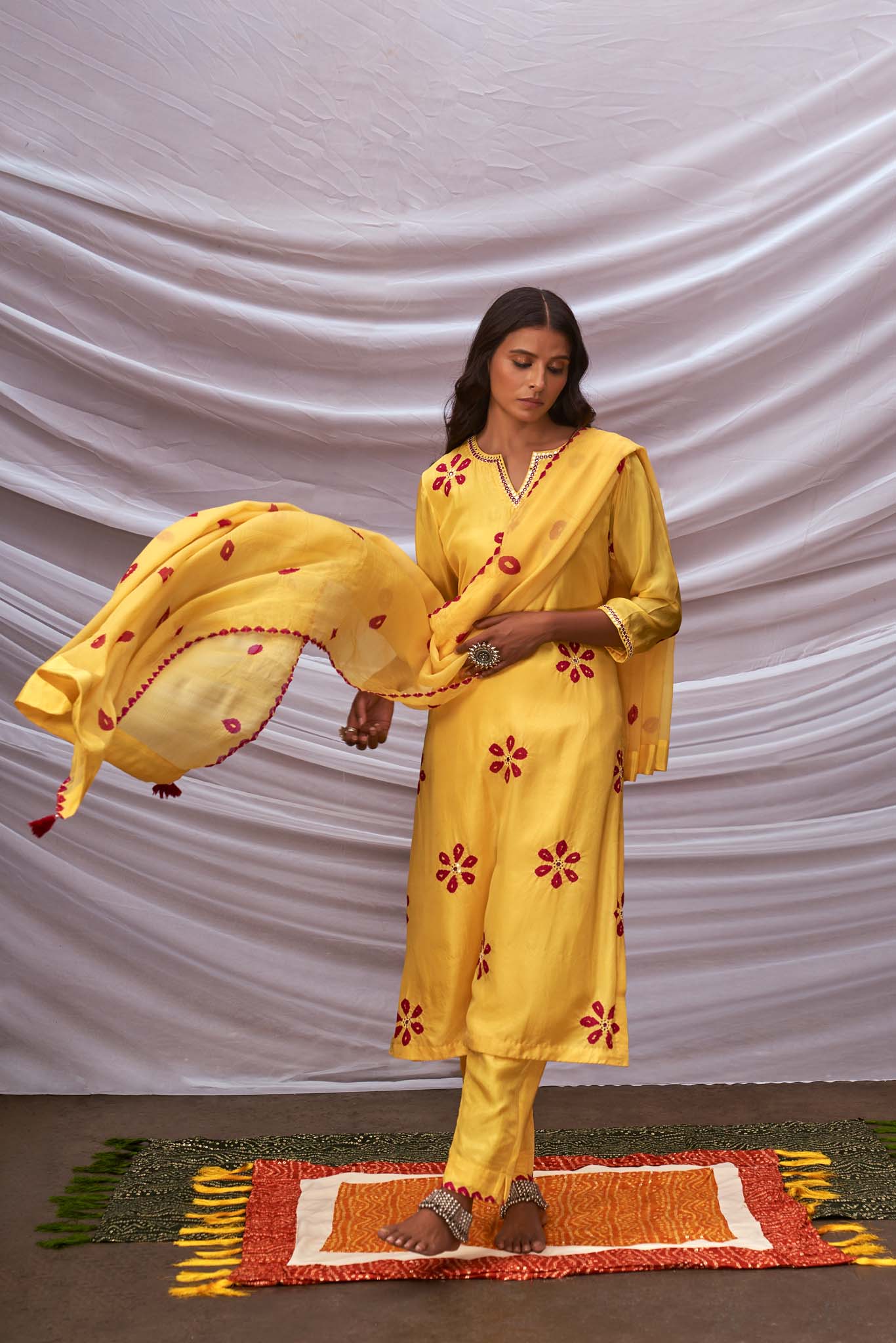 Bandhani Kurta Set With Tassel Embroidery