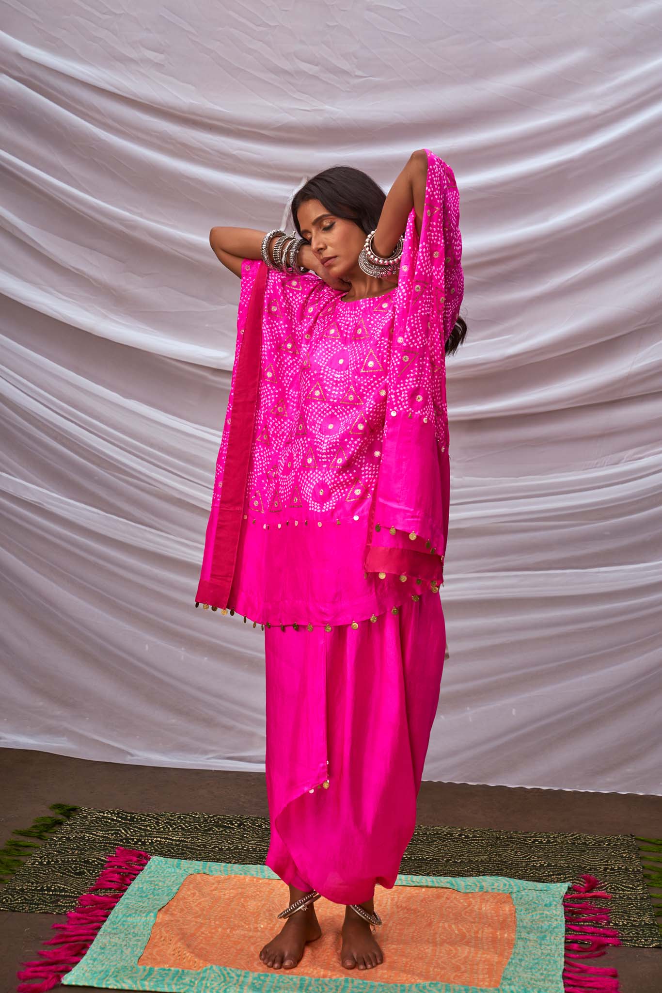 Short Pink Bandhani Kaftan With Dhoti Pants