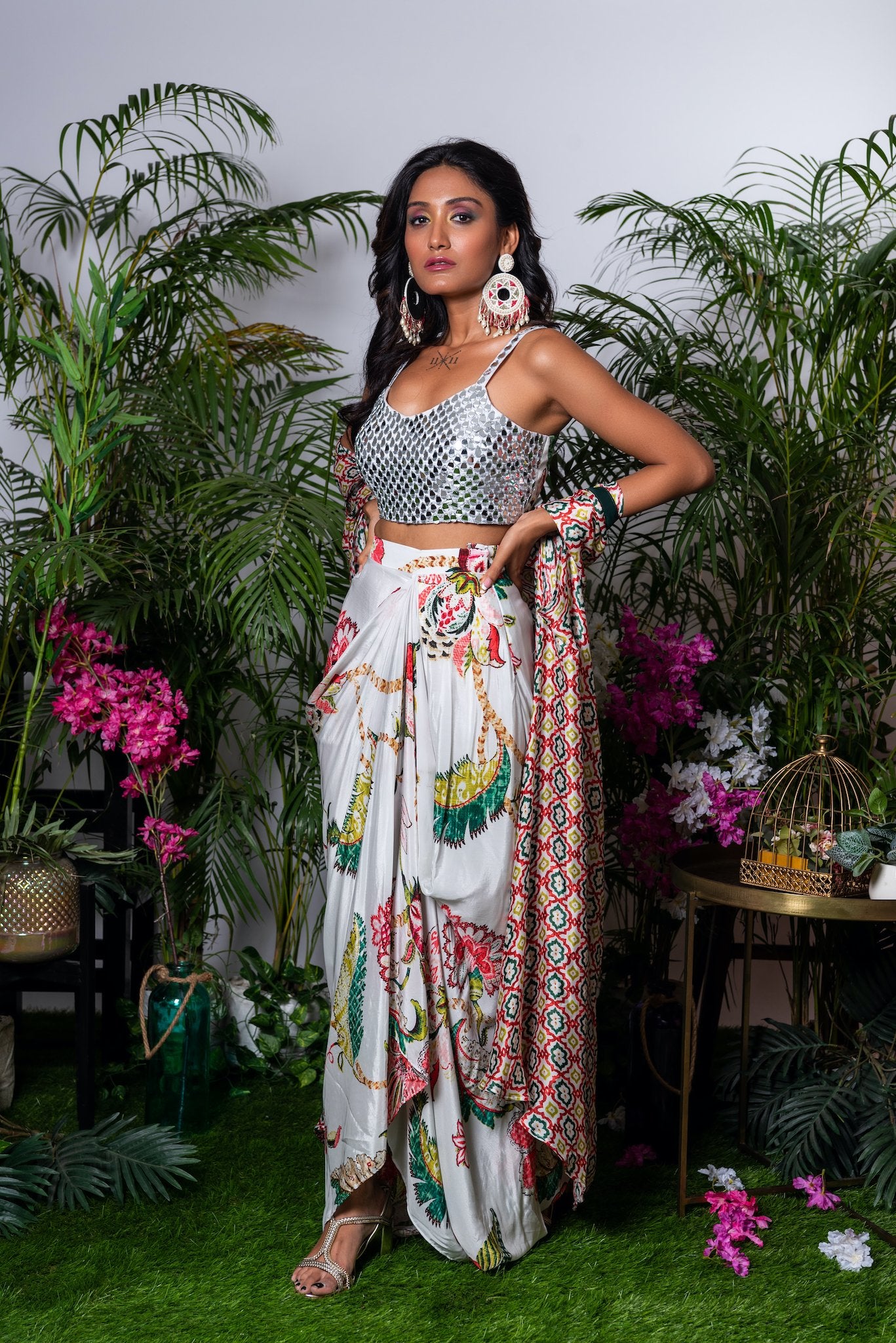 Blue Indica Mirror Dhoti Skirt Set Paired With Bralette and Cape