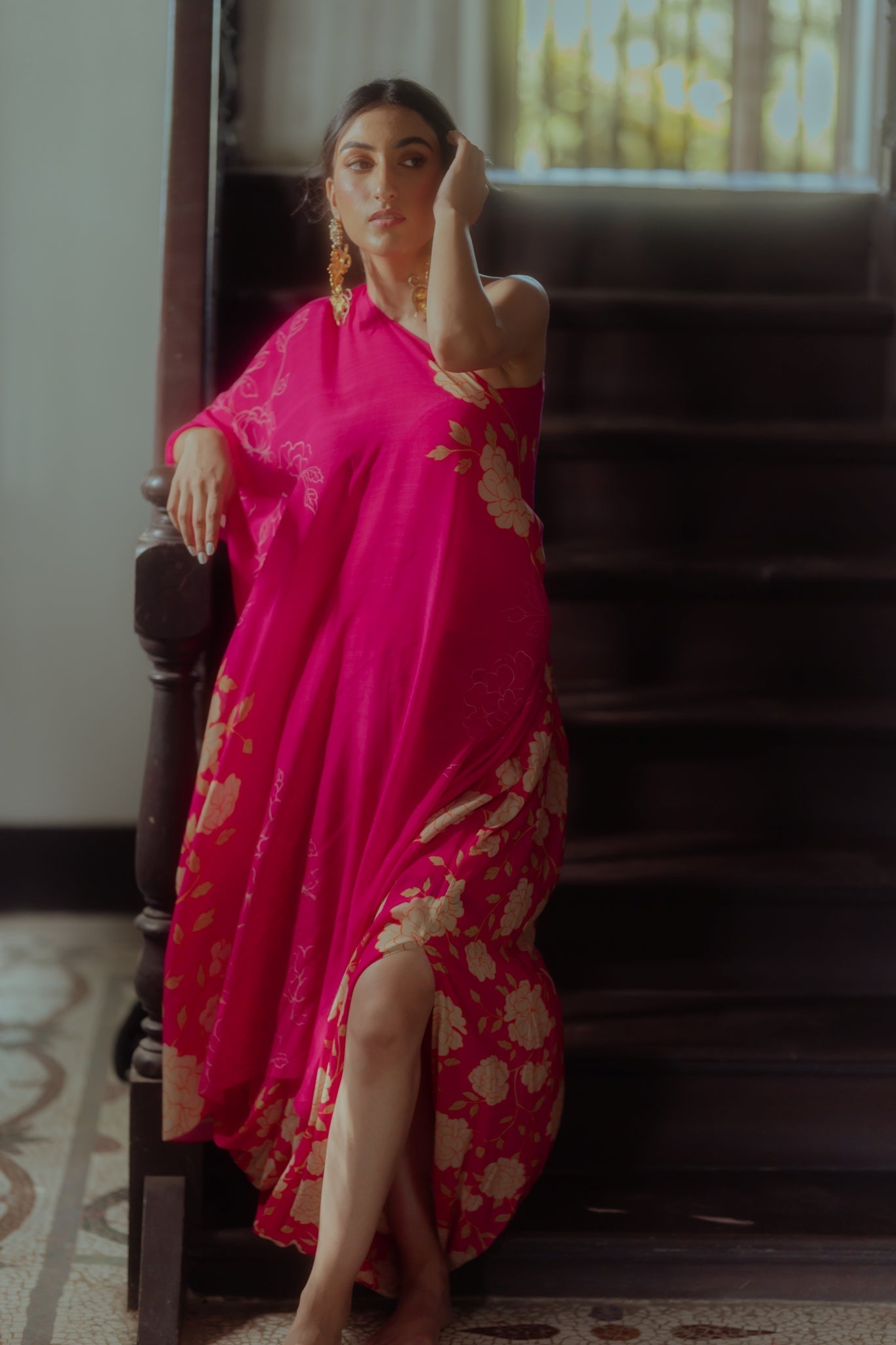 Rani Pink Big Rose Print Draped Dress with Skirt