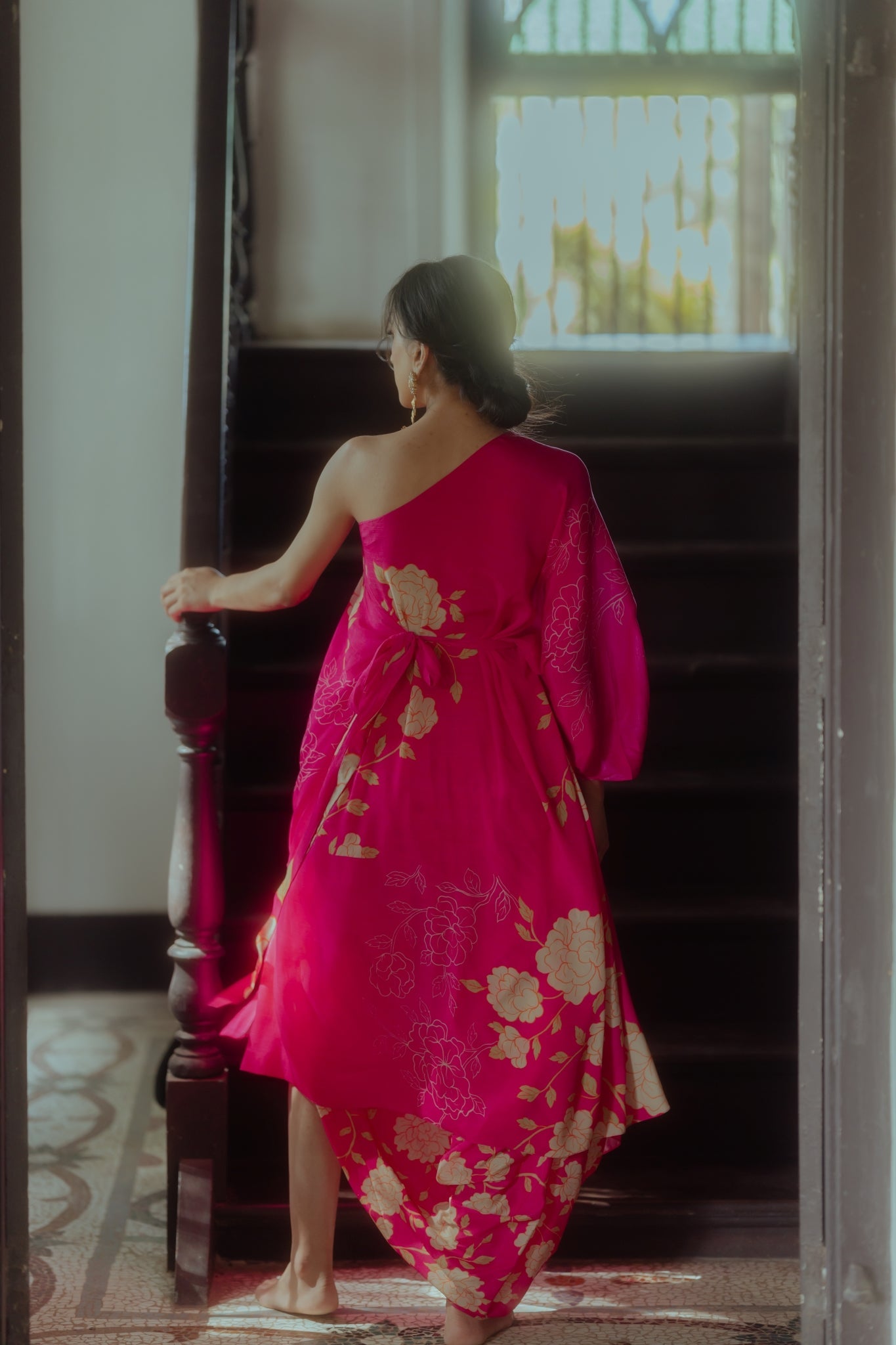 Rani Pink Big Rose Print Draped Dress with Skirt