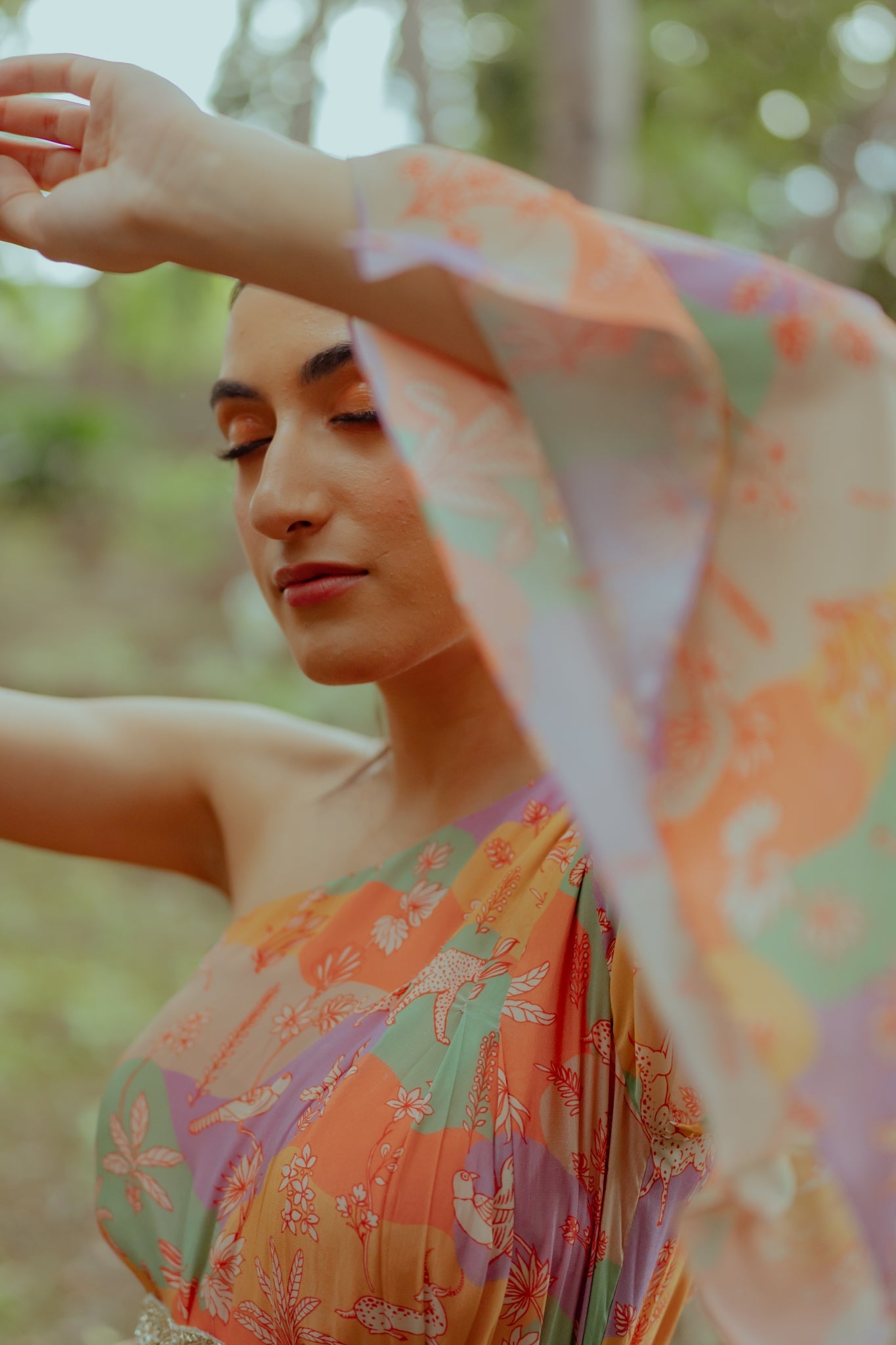 Naksha Print One Shoulder Top with Drape Skirt