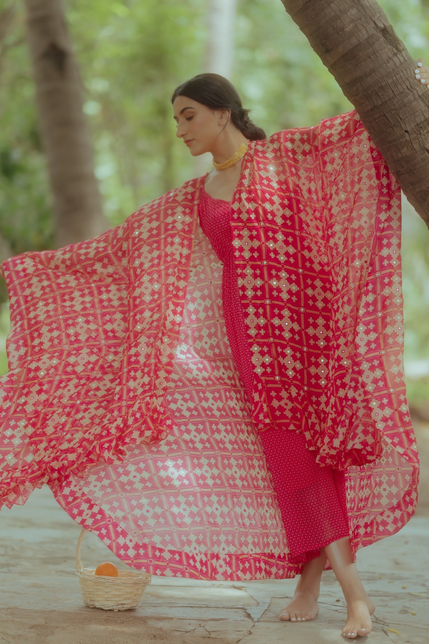 Rani Pink Dotted Print Slit Dress