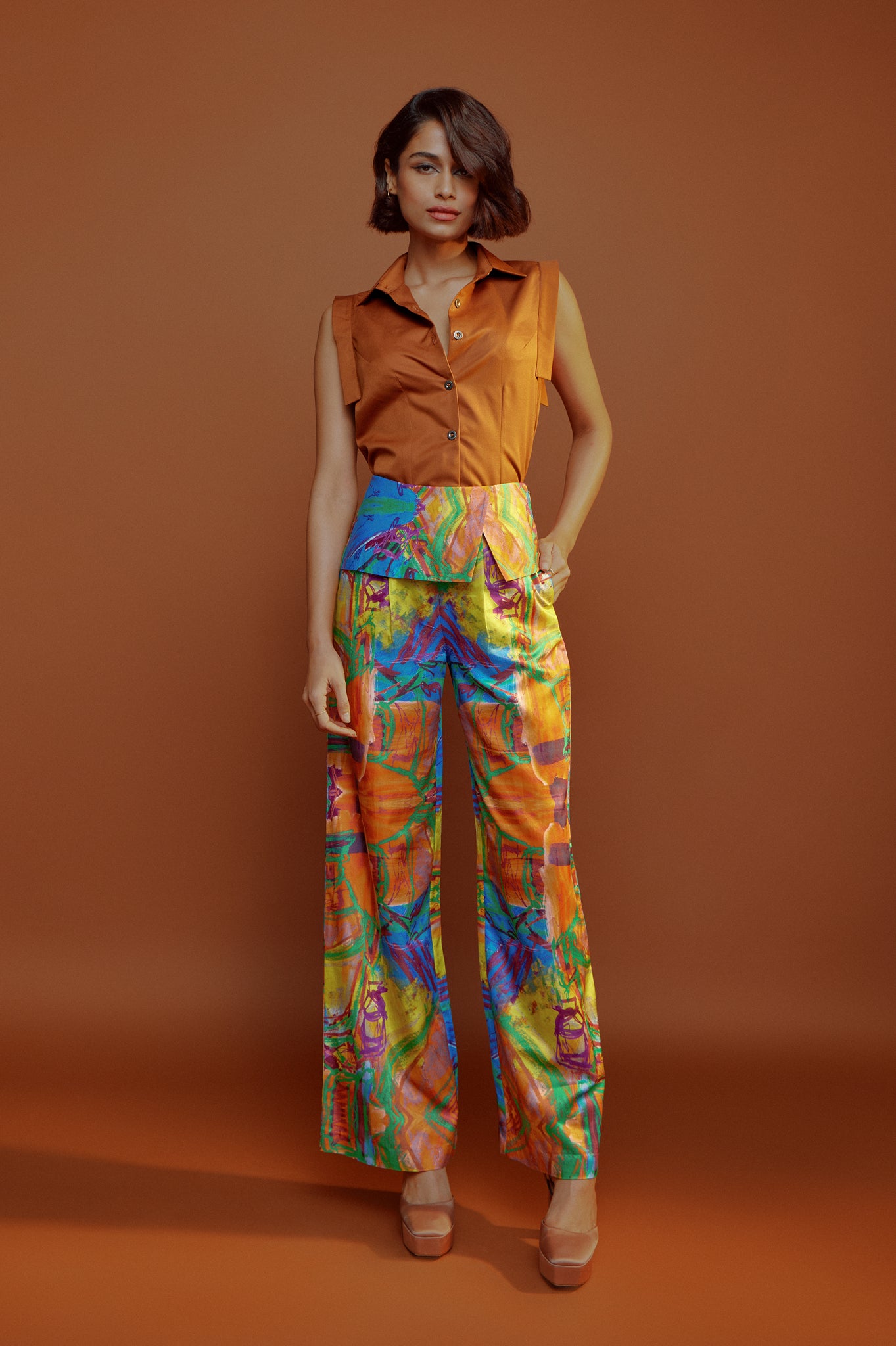 Rust Cropped Shirt with Mural Lapel Trouser