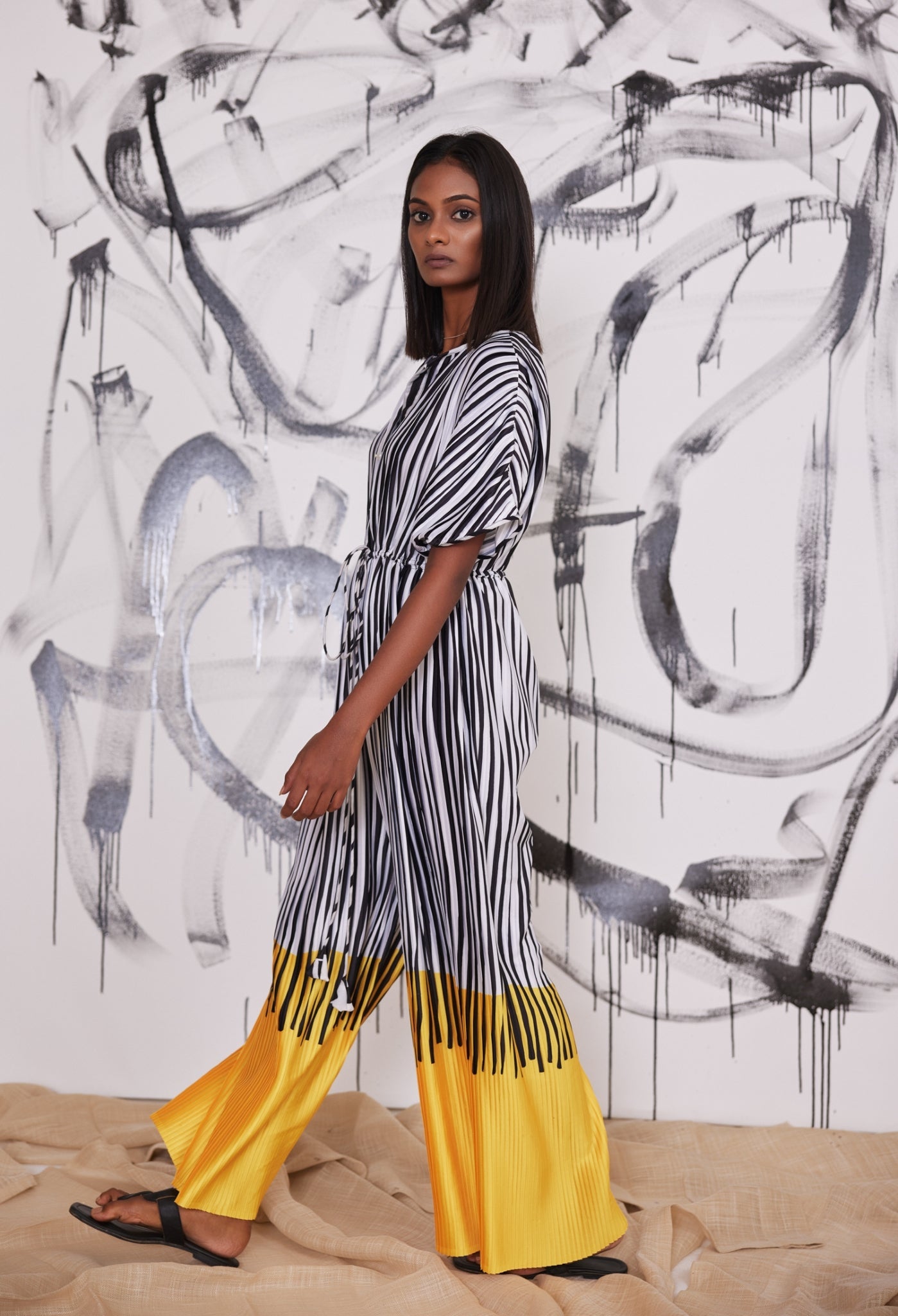 Barcode Striped Pleated Jumpsuit
