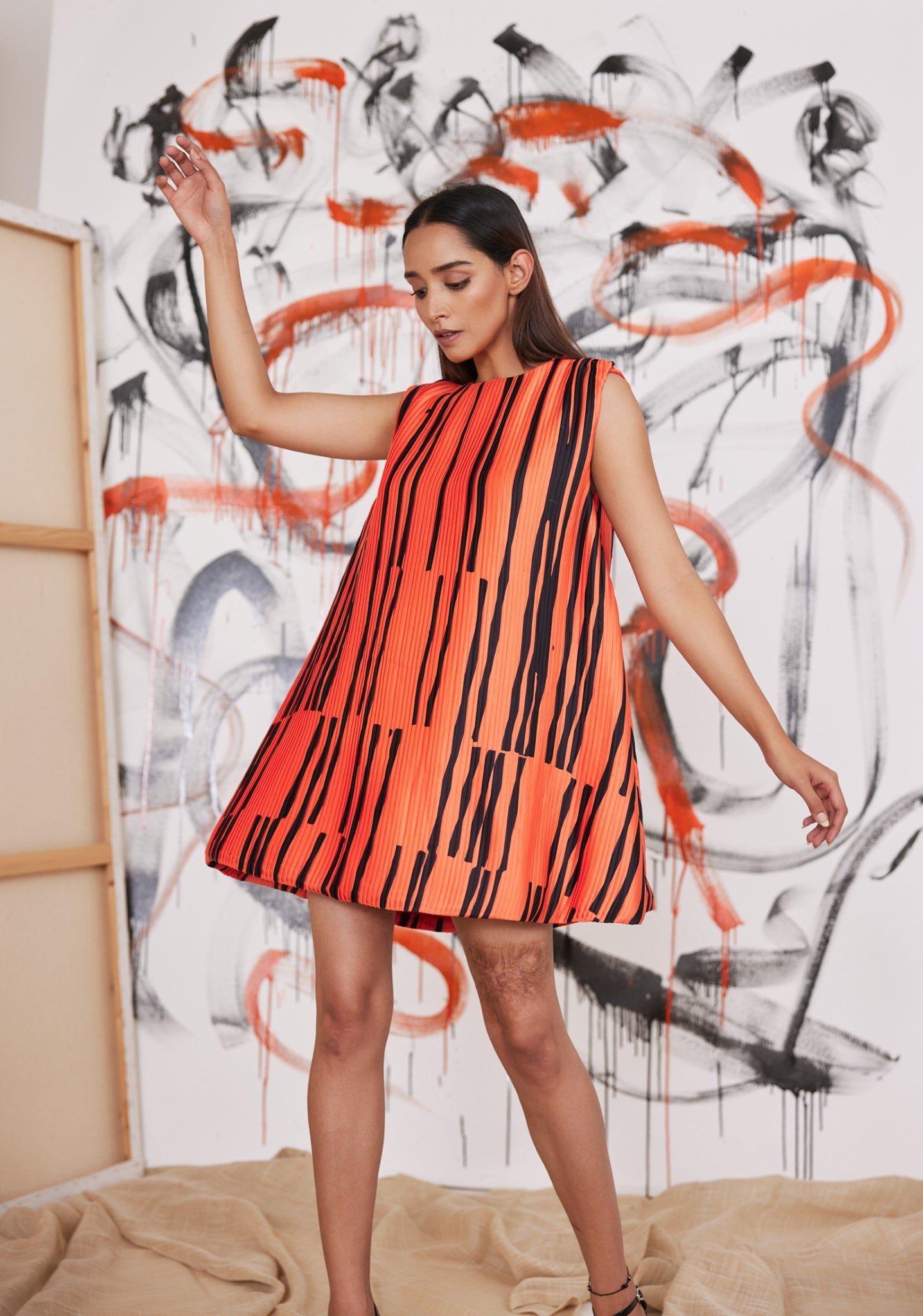Orange Piano Striped Pleated Dress