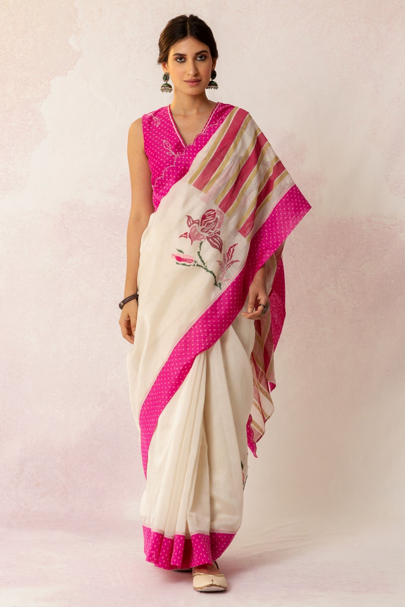 Bahaar Pink Polka Floral Mix Saree with Cross Stitich Floral Embroidery