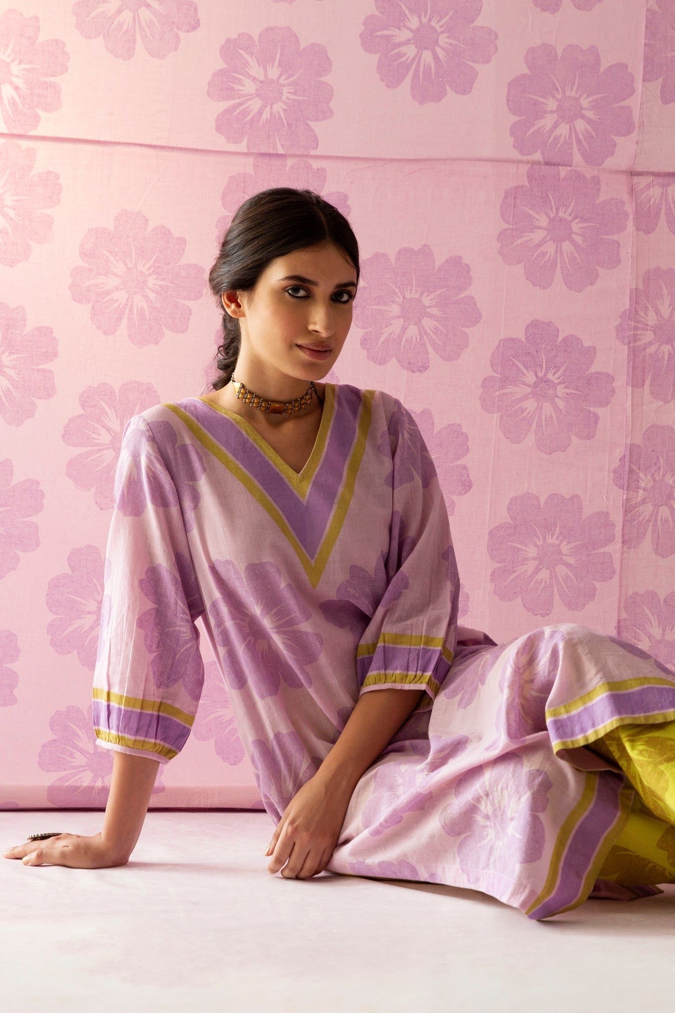 Bahaar Lilac V-Neck Big Flower Kurta with Olive Yellow Floral Pant