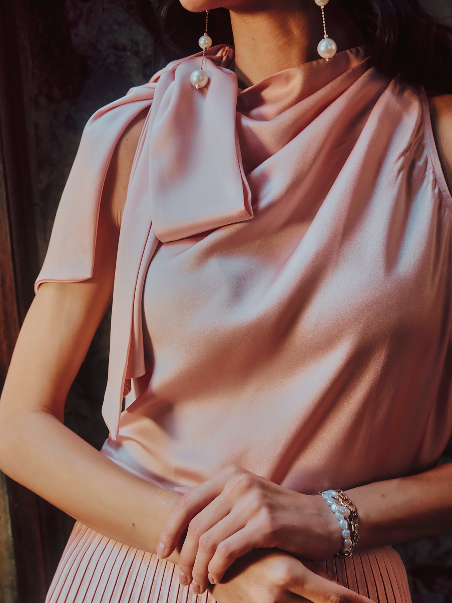 Neck tie satin top and Satin pleated skirt-Blush