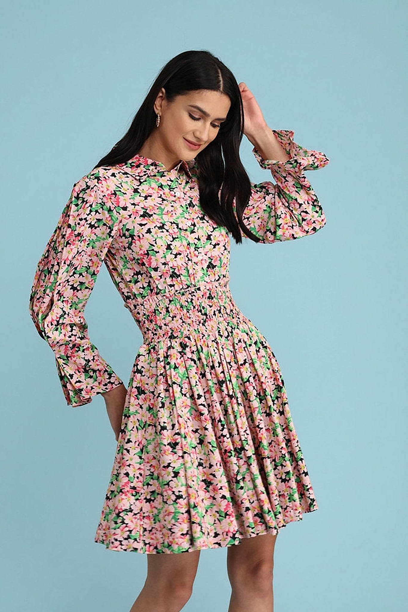 All over Print Dainty Floral Shierred Waistline Dress