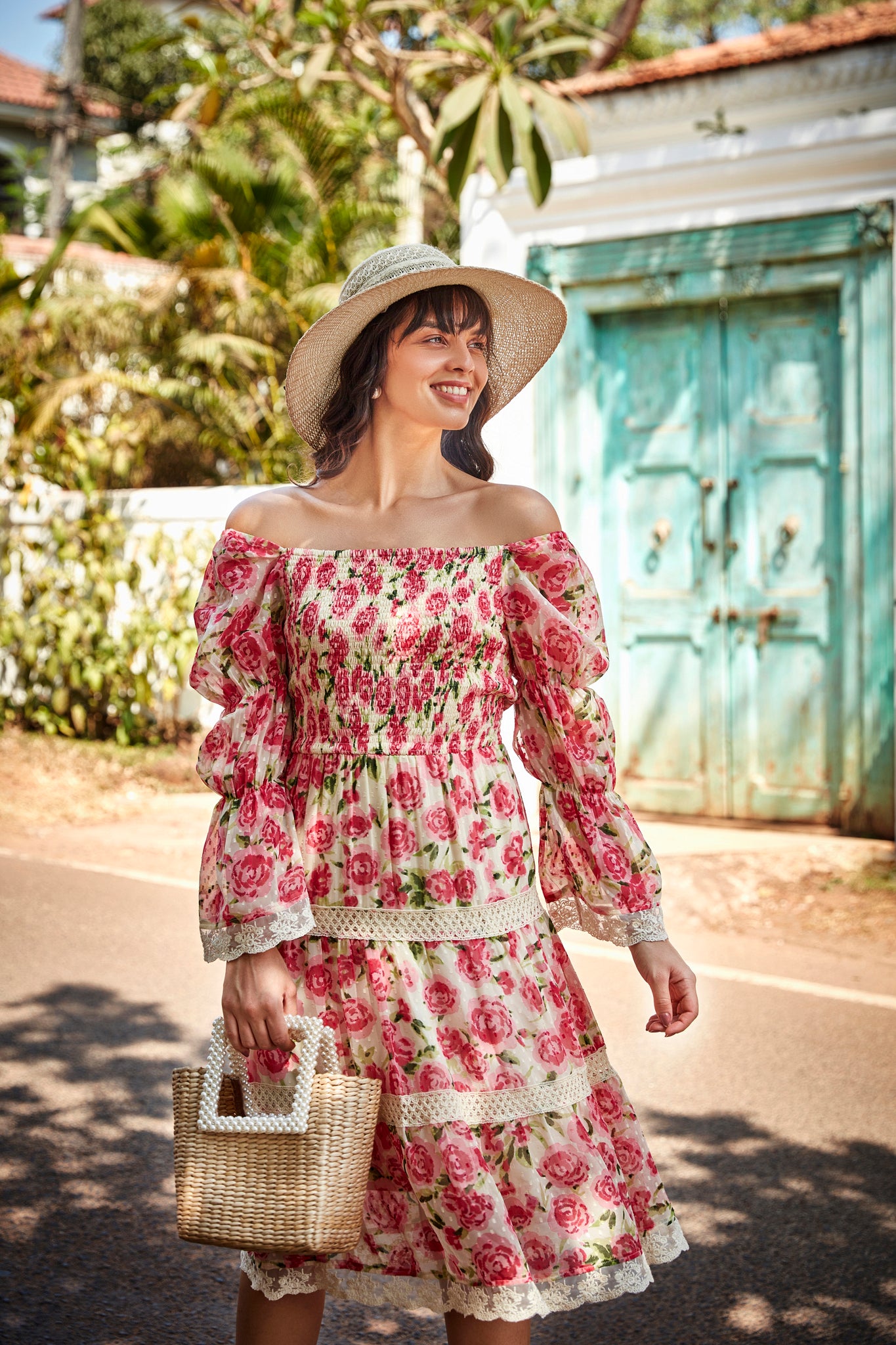 Dainty Rose Printed Off Shoulder Dress